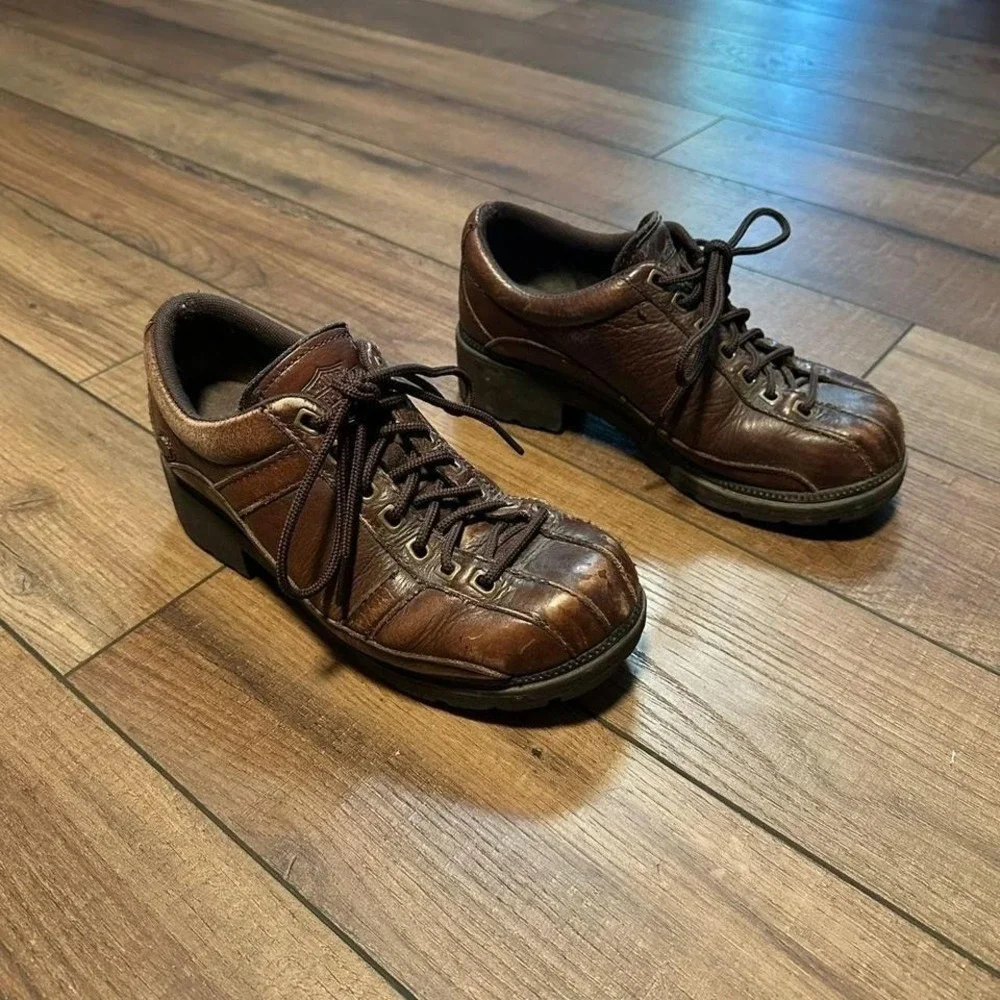 Y2K Harley Davidson Women's‎ Heeled Platform Brown Leather Shoes US 7